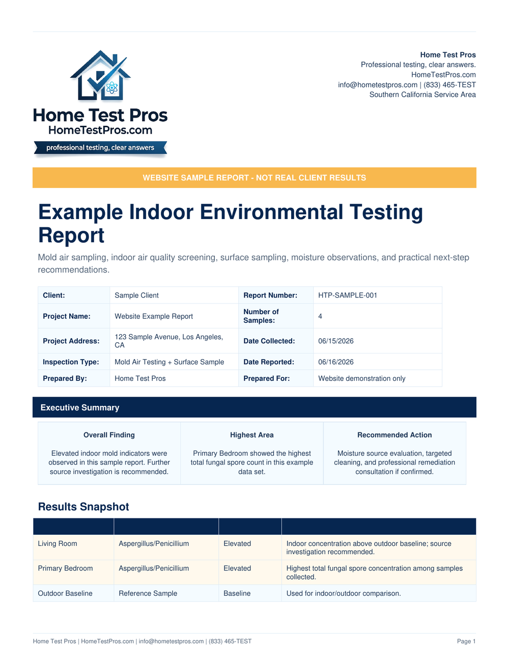 Home Test Pros example indoor environmental testing report cover page